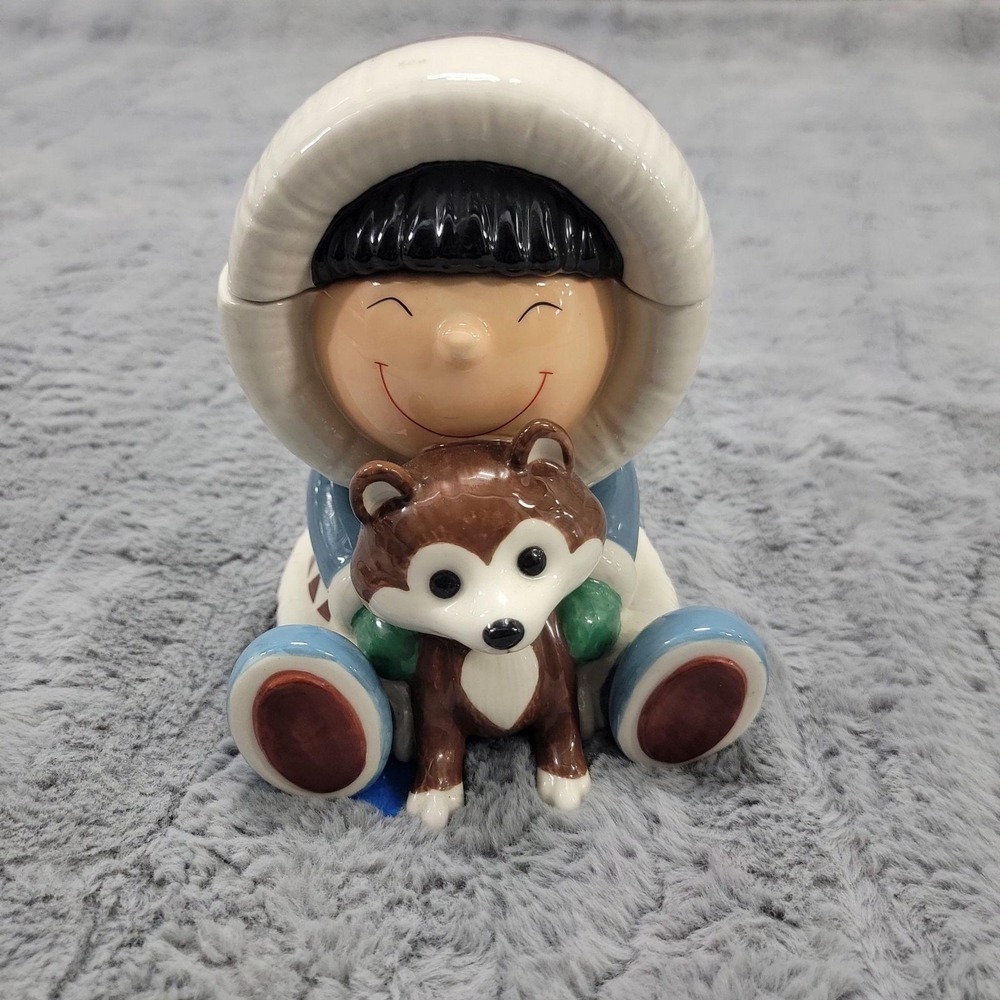 Hallmark Frosty Friends Cookie Jar Ceramic Eskimo Huskie Christmas Holiday 7"